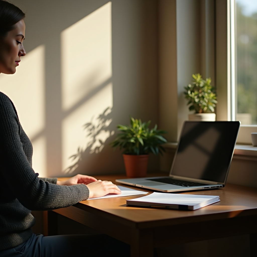 Espacio de trabajo luminoso con notebook y agenda abierta sobre un escritorio, con vista parcial hacia una ventana