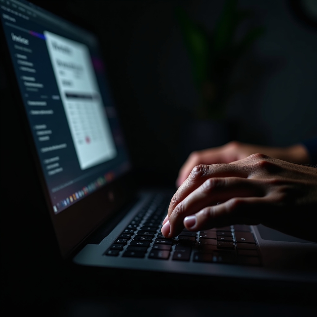 Primer plano de manos escribiendo sobre el teclado de una notebook con una factura electrónica visible en pantalla