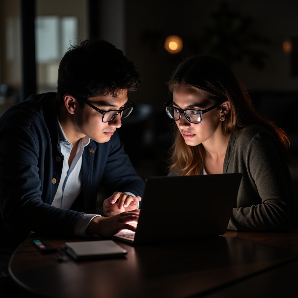 Dos personas revisando una aplicación de gestión en una notebook sobre una mesa de trabajo, comparando funciones